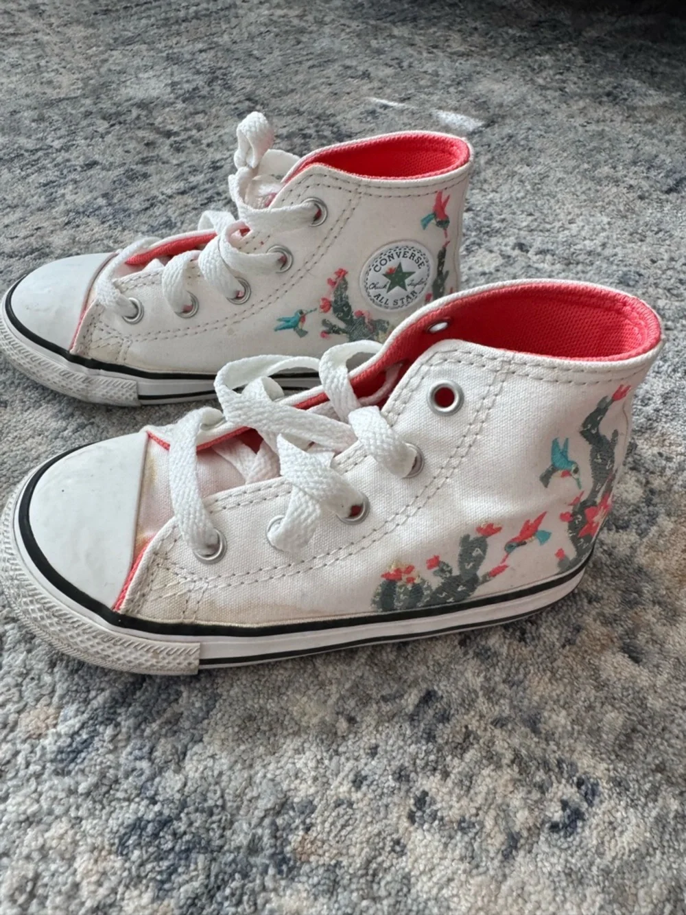Converse Kids White High-Top Sneakers with Cactus Floral Print and Coral Lining